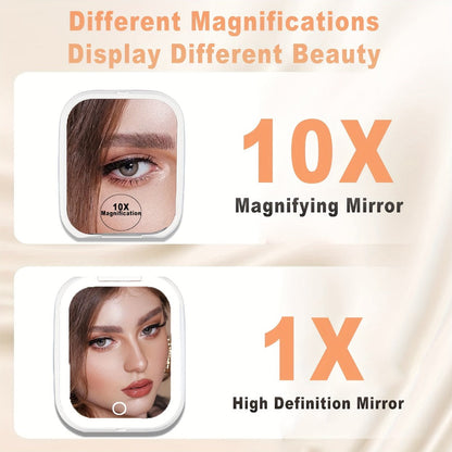 Rechargeable Pink or White LED Compact Mirror with 1X and 10X Views, Three Light Modes and Touch Dimming