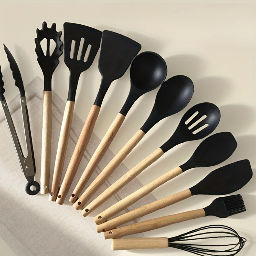 35- or 36-Piece Silicone Kitchen Utensil Set with Holder in Black, Pink or Red, with Optional Glass Cup
