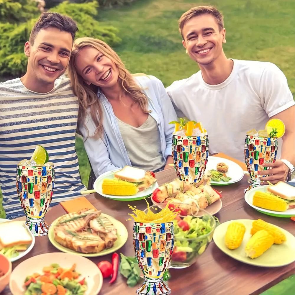 Footed Glass Drinkware Set, Color-Block Pattern Goblets in 4 or 8-Piece Options for Table and Party Service