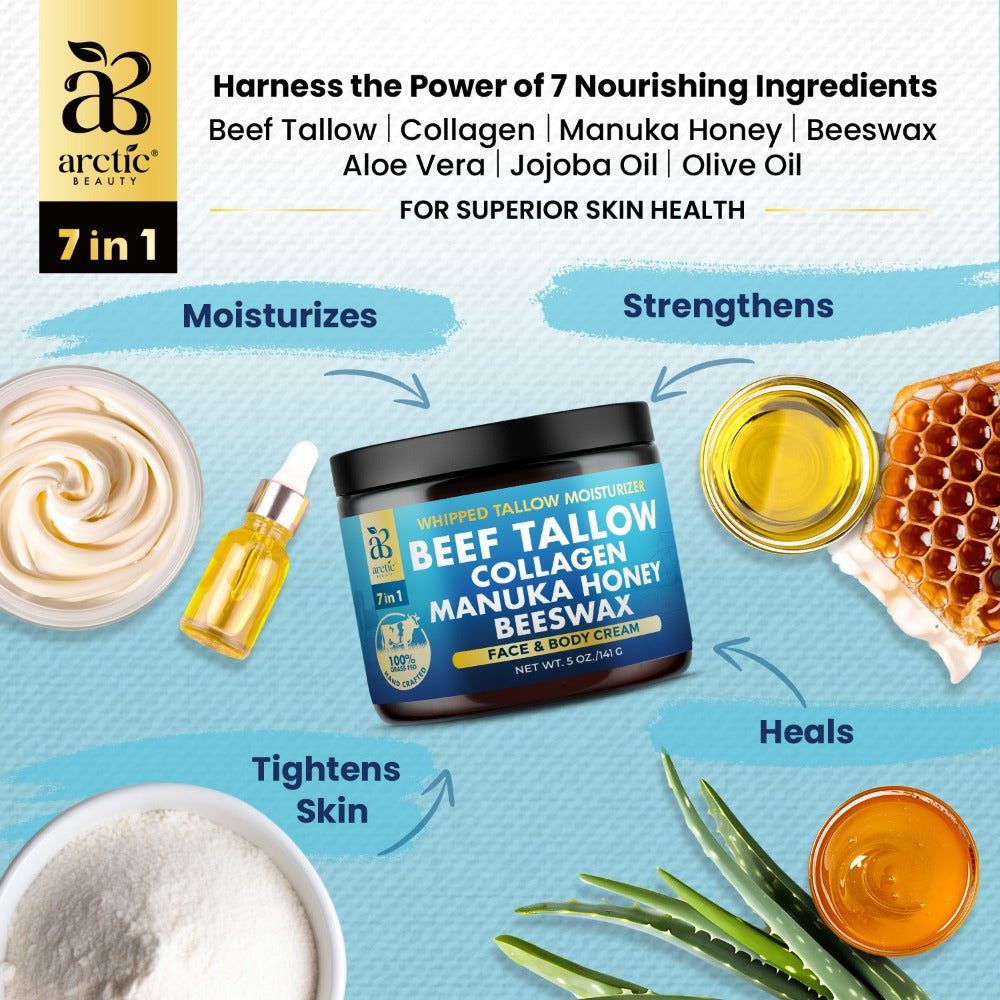 Whipped Beef Tallow Moisturizer – Organic Grass-Fed Face & Body Cream with Manuka Honey, Jojoba Oil, Collagen & Aloe Vera