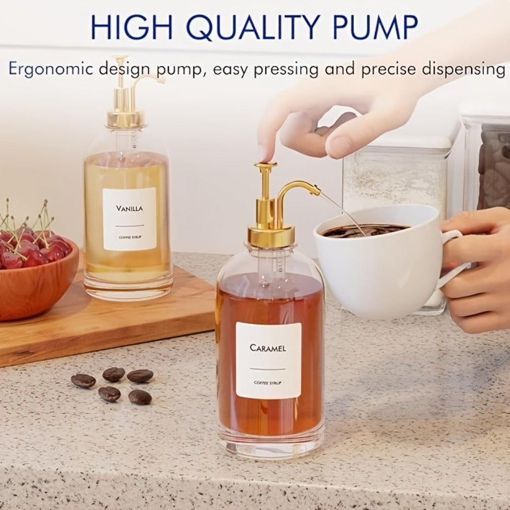 Glass Coffee Syrup Dispenser Set 4-Piece – 16.9oz Pump Bottles with Labels for Coffee Bar, Kitchen Syrup Organizer