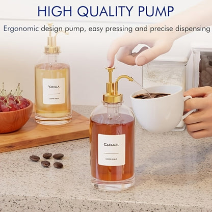 Glass Coffee Syrup Dispenser Set 4-Piece – 16.9oz Pump Bottles with Labels for Coffee Bar, Kitchen Syrup Organizer