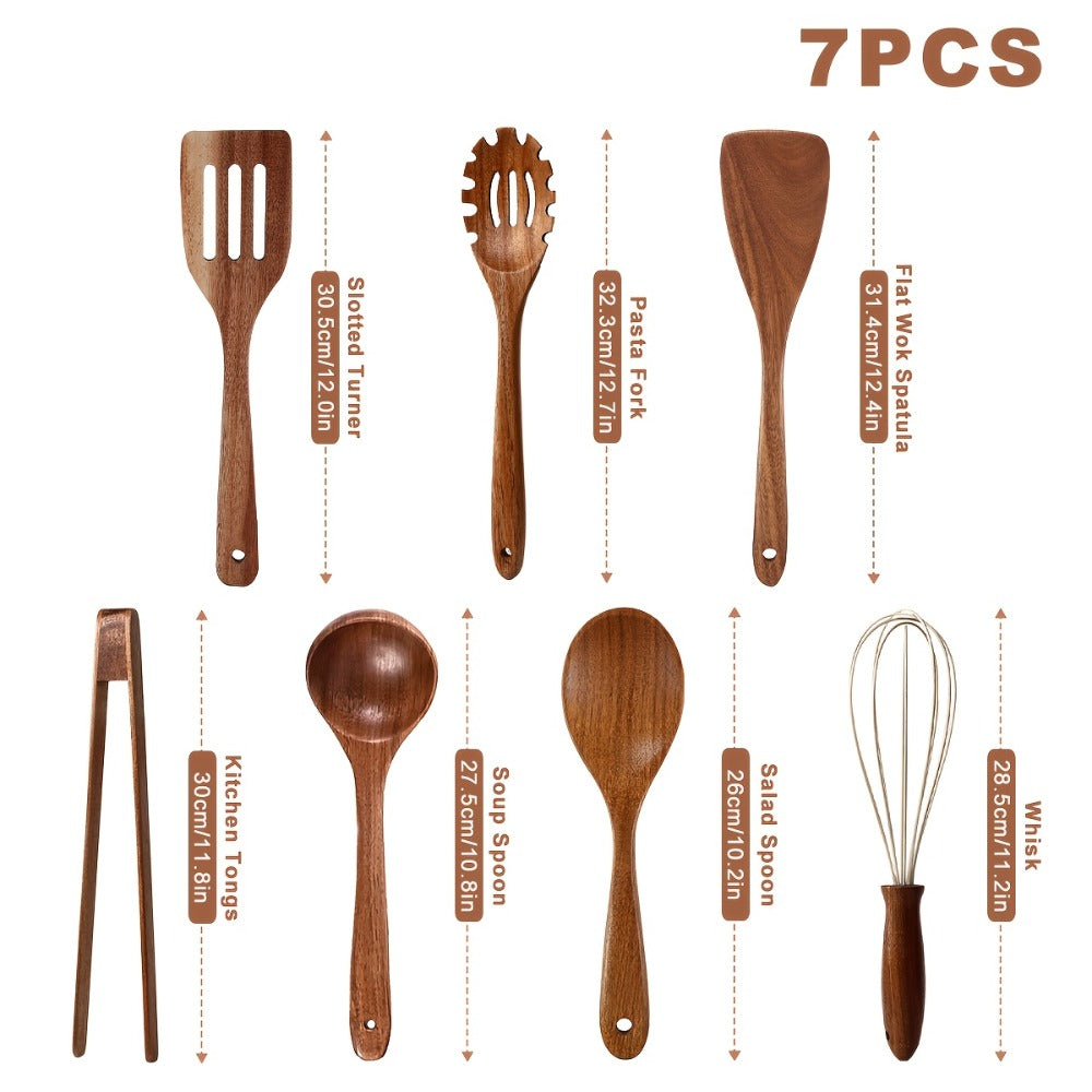 Kitchen Utensils by JIASING, 3-, 5- or 7-Piece Wood Spoon, Spatula, Ladle and Egg-Beater Set Options