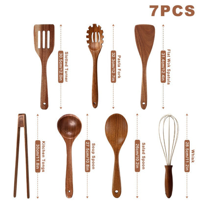Kitchen Utensils by JIASING, 3-, 5- or 7-Piece Wood Spoon, Spatula, Ladle and Egg-Beater Set Options