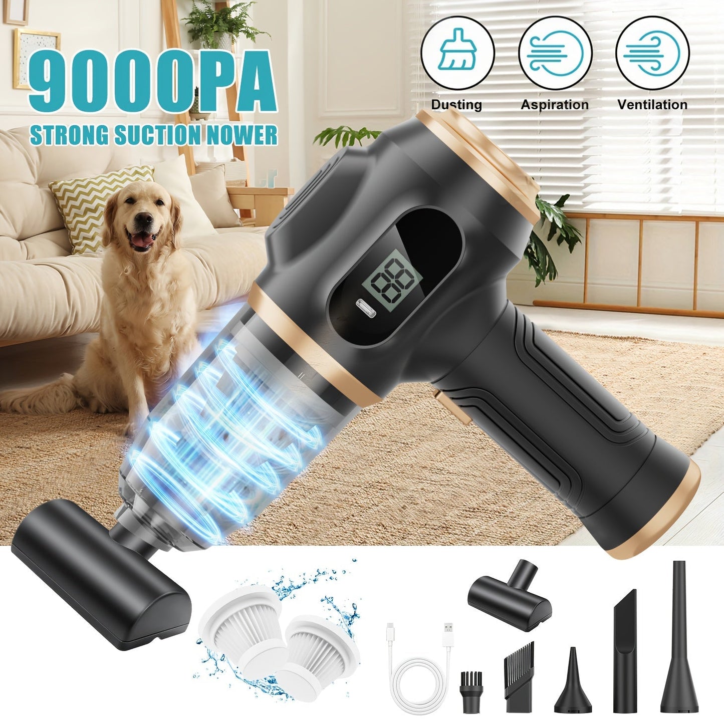Cordless Handheld Vacuum Cleaner with LCD Display & Multi-Nozzles, 9000Pa Suction 50000RPM HEPA Filter