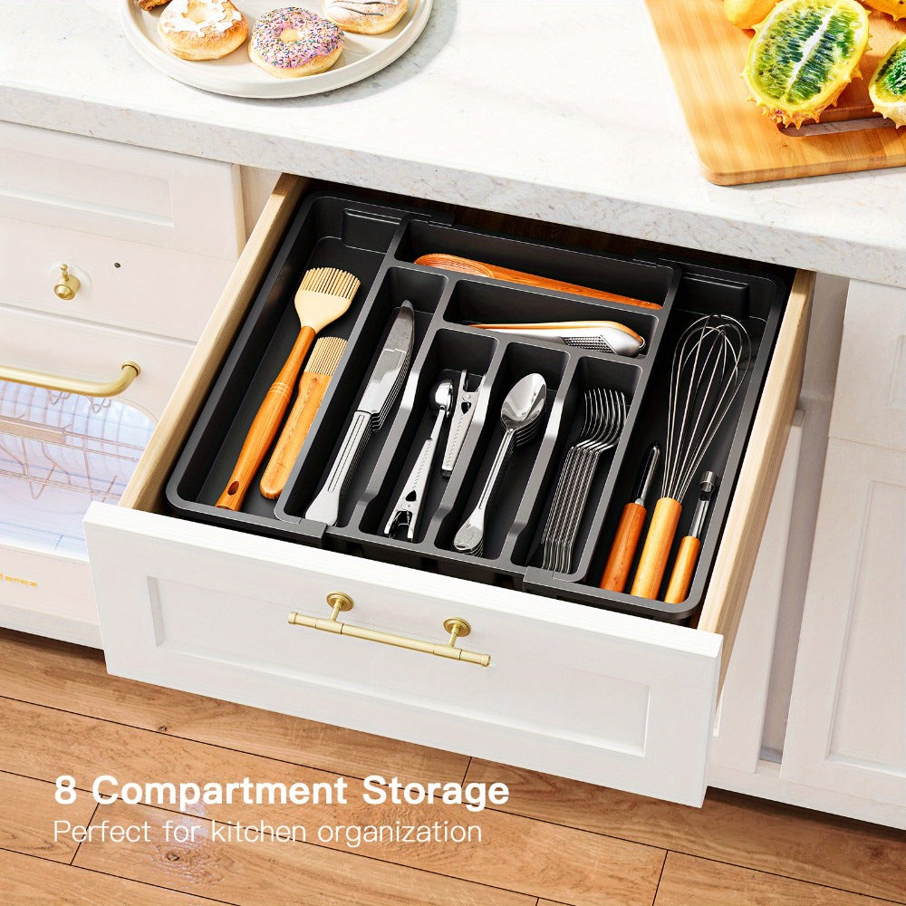 Cutlery Tray Kitchen Organizer Expandable Bamboo Drawer Divider with Labels in Natural, White or Black
