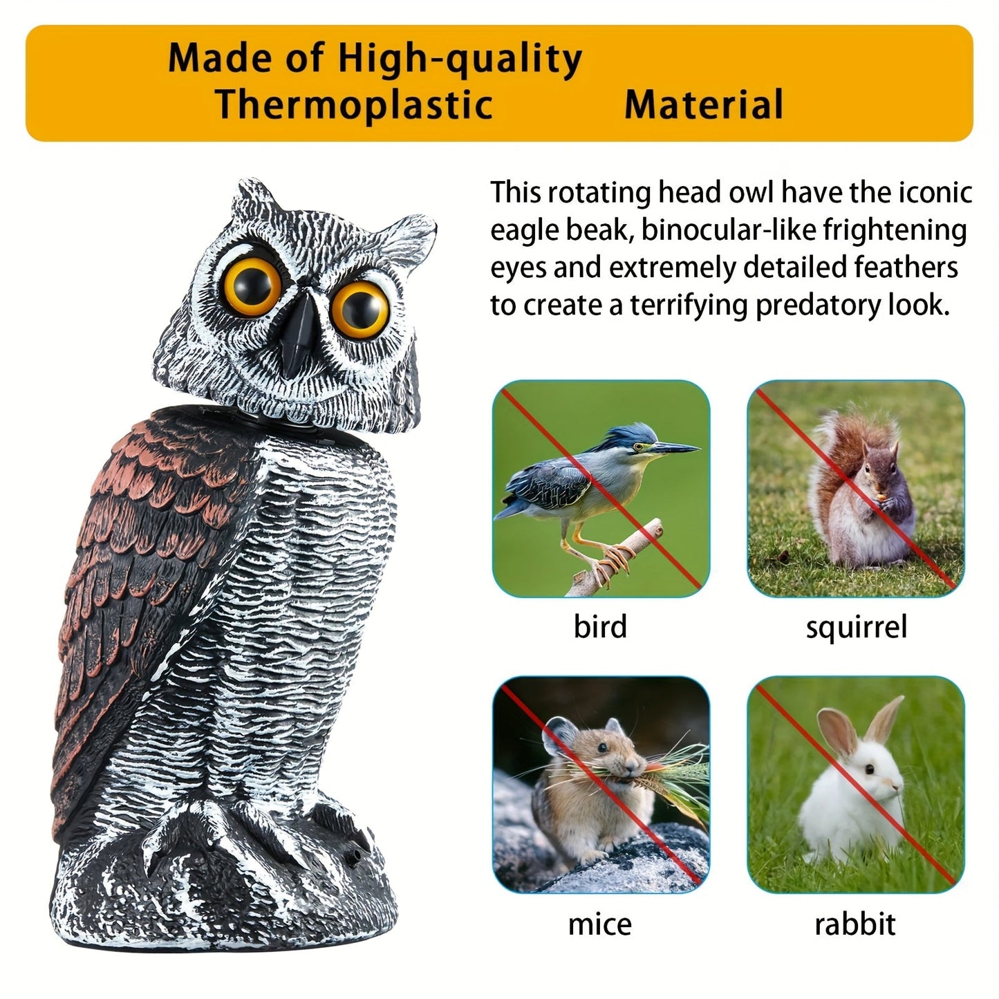 Rotating Head Fake Owl Decoy Bird Deterrent, Battery Powered Plastic Scarecrow Repellent for Garden Yard Patio