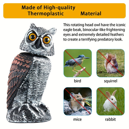 Rotating Head Fake Owl Decoy Bird Deterrent, Battery Powered Plastic Scarecrow Repellent for Garden Yard Patio