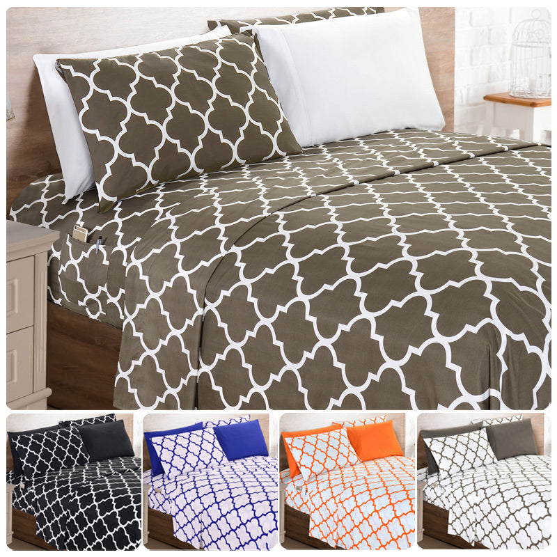 Bed Sheet Set Geometric Trellis Microfiber in Size-Dependent 4- or 6-Piece Configuration with 16-Inch Pocket