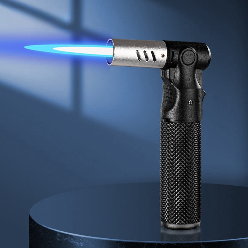 Angled-Nozzle Torch Lighter with Knurled Cylindrical Grip, Standing Body and Three Finish Options