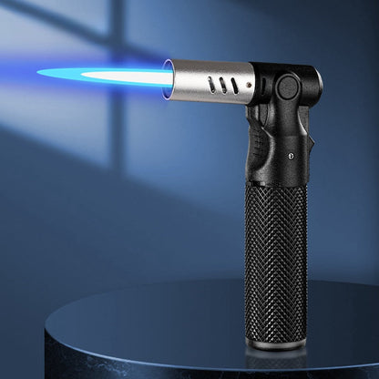 Angled-Nozzle Torch Lighter with Knurled Cylindrical Grip, Standing Body and Three Finish Options