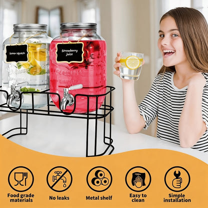 Glass Beverage Dispenser Set with Stand, 1-Gallon Square Glass Drink Dispenser with Stainless Steel Spigot & Ice Tube