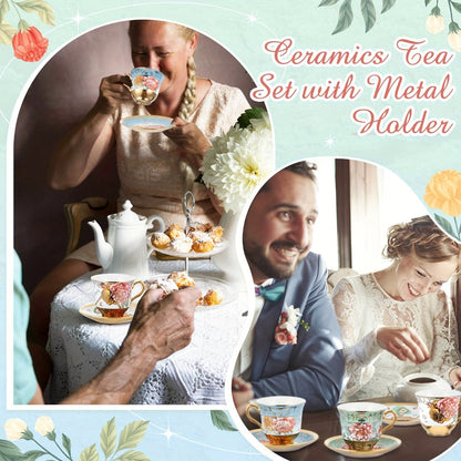Floral Porcelain Tea Cups and Saucers Set of 12 – 5.4 Oz British Style Tea Party Cups – Classic Elegant Gift for Women