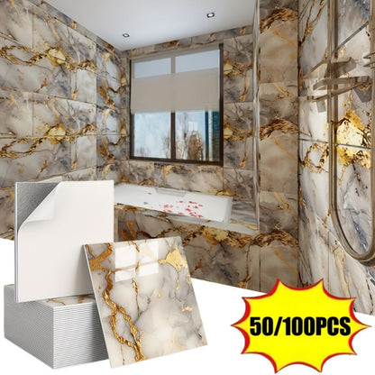 Peel and Stick Wall Tiles 50/100pcs – PVC Marble Self-Adhesive Vinyl Panels for Bathroom Shower Kitchen Living Room TV Backdrop