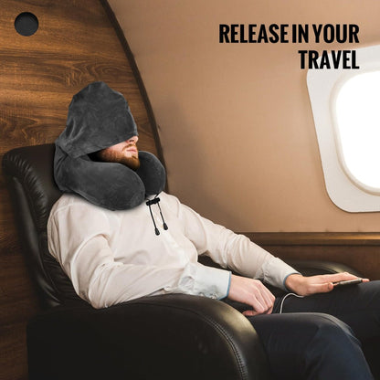Hooded U-Shaped Travel Neck Pillow with Eye Mask, Carry Bag and Front Drawstrings in Pink, Blue, Black or Grey