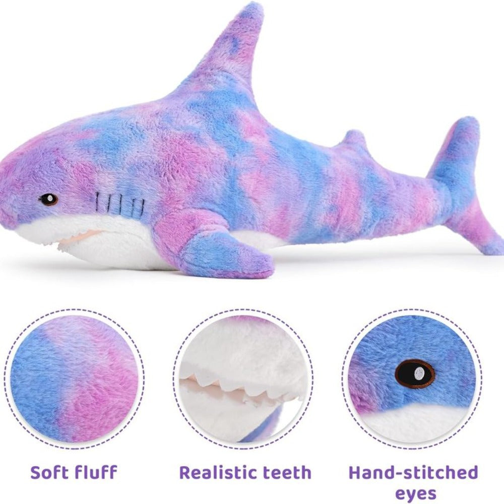 Plush Toy Jumbo Shark Pillow 24-Inch in Blue, Grey, Blue-Pink or Rainbow Colorways and Ocean Decor
