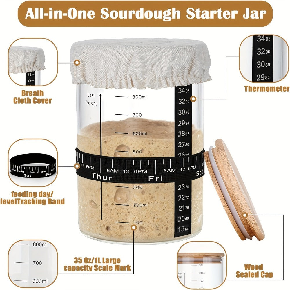 Sourdough Starter Jar 24oz with Lid & Accessories Kit, Glass Bread Starter Container with Silicone Scraper