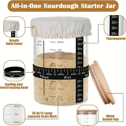 Sourdough Starter Jar 24oz with Lid & Accessories Kit, Glass Bread Starter Container with Silicone Scraper