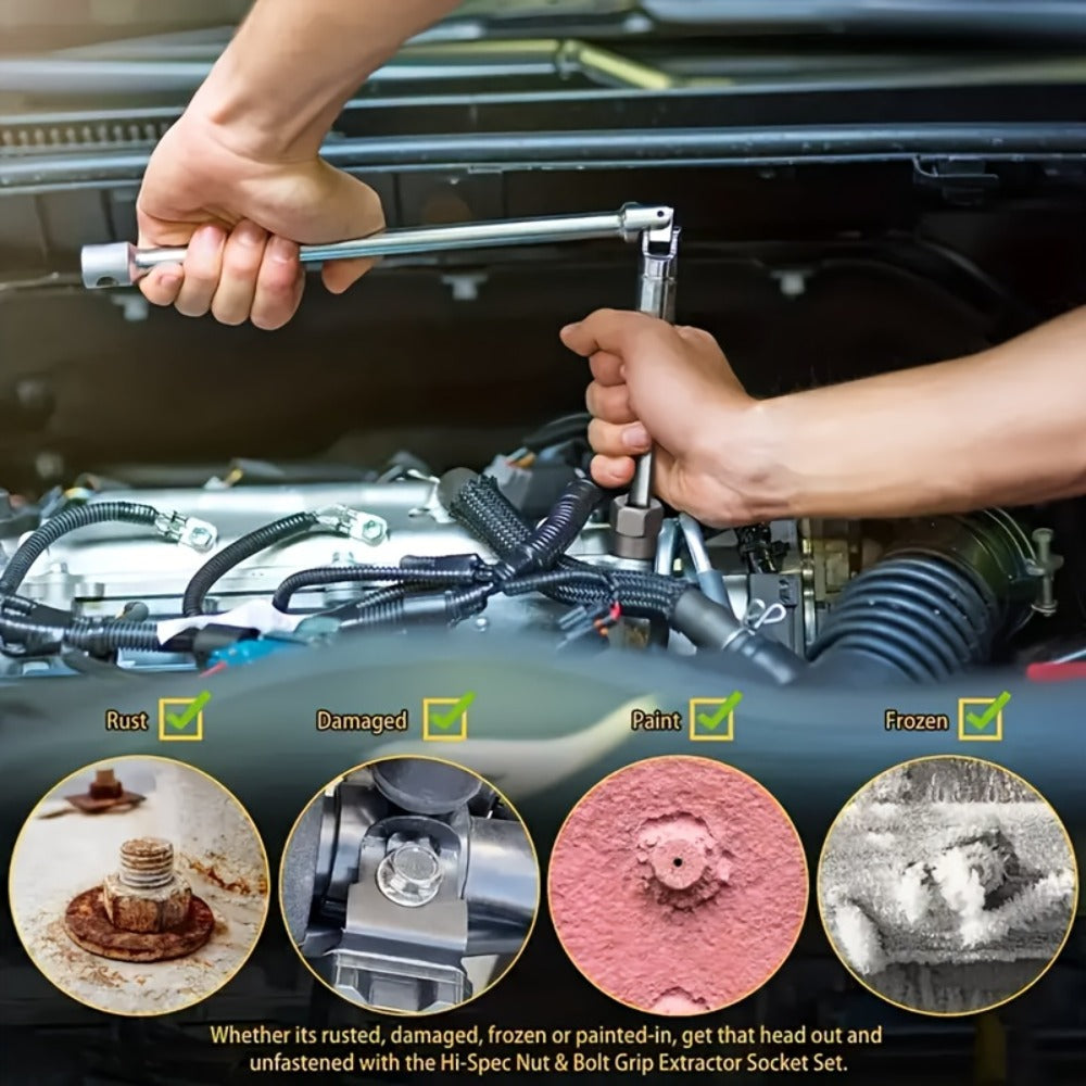 Nut Extractor Kit 14pcs, Damaged Bolt & Nut Remover Set with 13 Stripped Nut Extractors & 1 Hex Socket Adapter