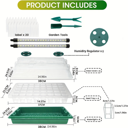 Seed Starting Tray Kit 4-Set 160 Cells High Dome | 8 LED Grow Lights Smart Timer 3 Modes 5 Brightness | Indoor Greenhouse Germination