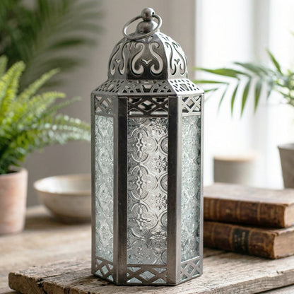 Moroccan Candle Lantern Holder - Decorative Metal & Glass Lantern with Embossed Floral Design for Indoor Home Decor