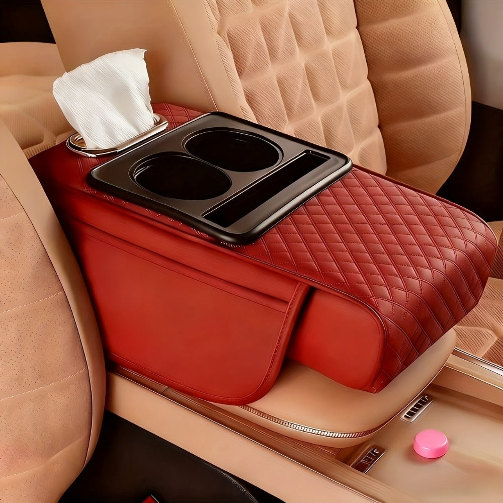 Center Console Armrest Organizer with Two Cup Holders, Tissue Slot, Side Pockets and Eight Color or Trim Options