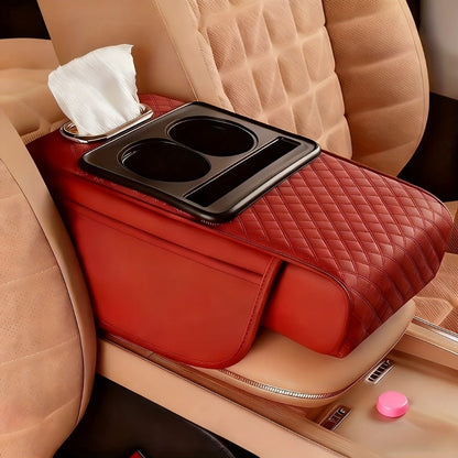Center Console Armrest Organizer with Two Cup Holders, Tissue Slot, Side Pockets and Eight Color or Trim Options