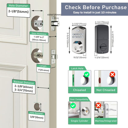 Smart Door Lock Deadbolt with Fingerprint Keypad App and Key Access in Black or Silver Options