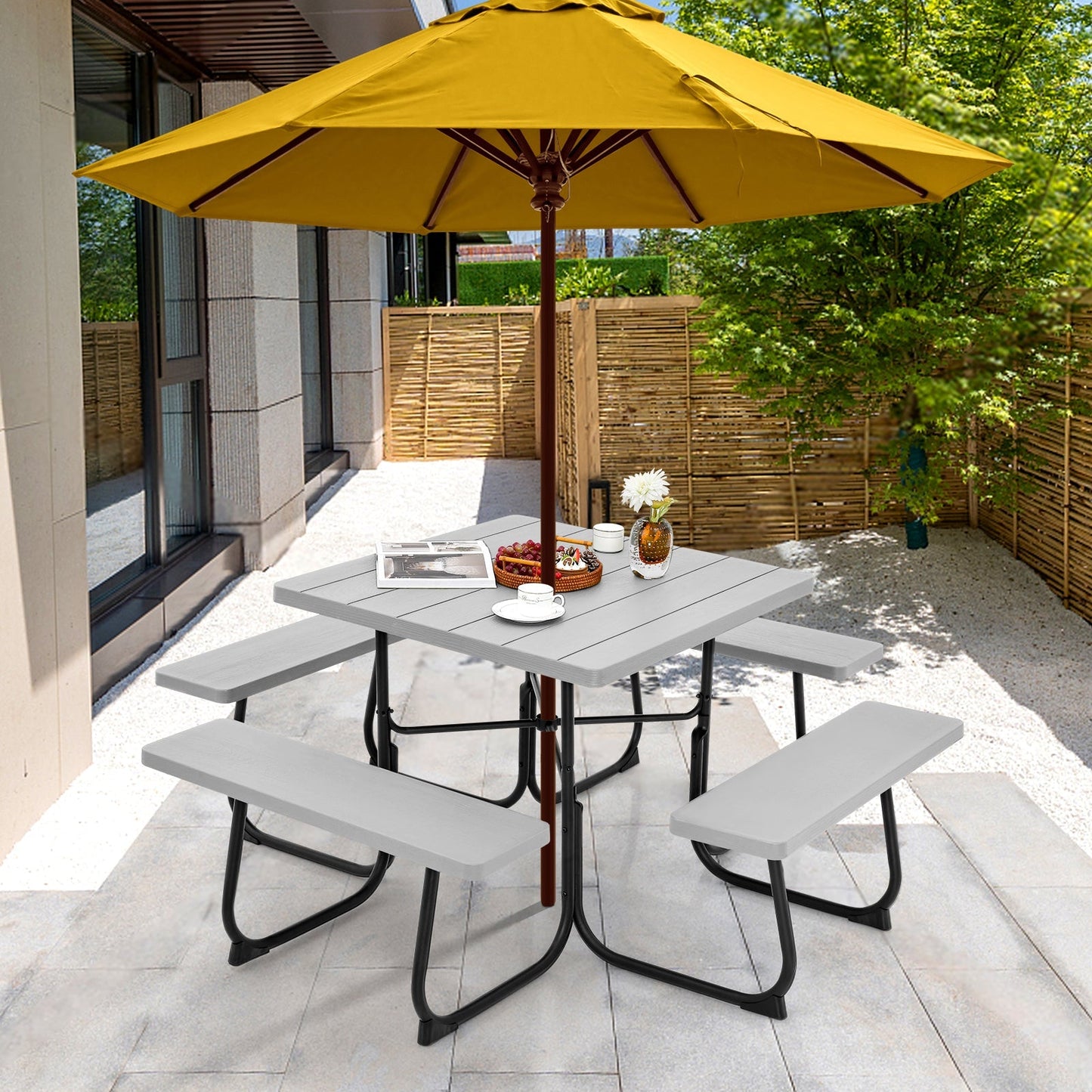 Outdoor Picnic Table 8-Person, Square HDPE Table with 4 Built-in Benches, Umbrella Hole, Metal Frame