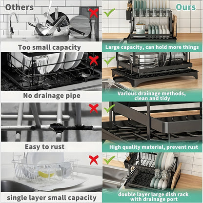 Dish Drying Rack with Drainboard in Gray, White, Black, Single-Layer and Seven-Cup Configurations
