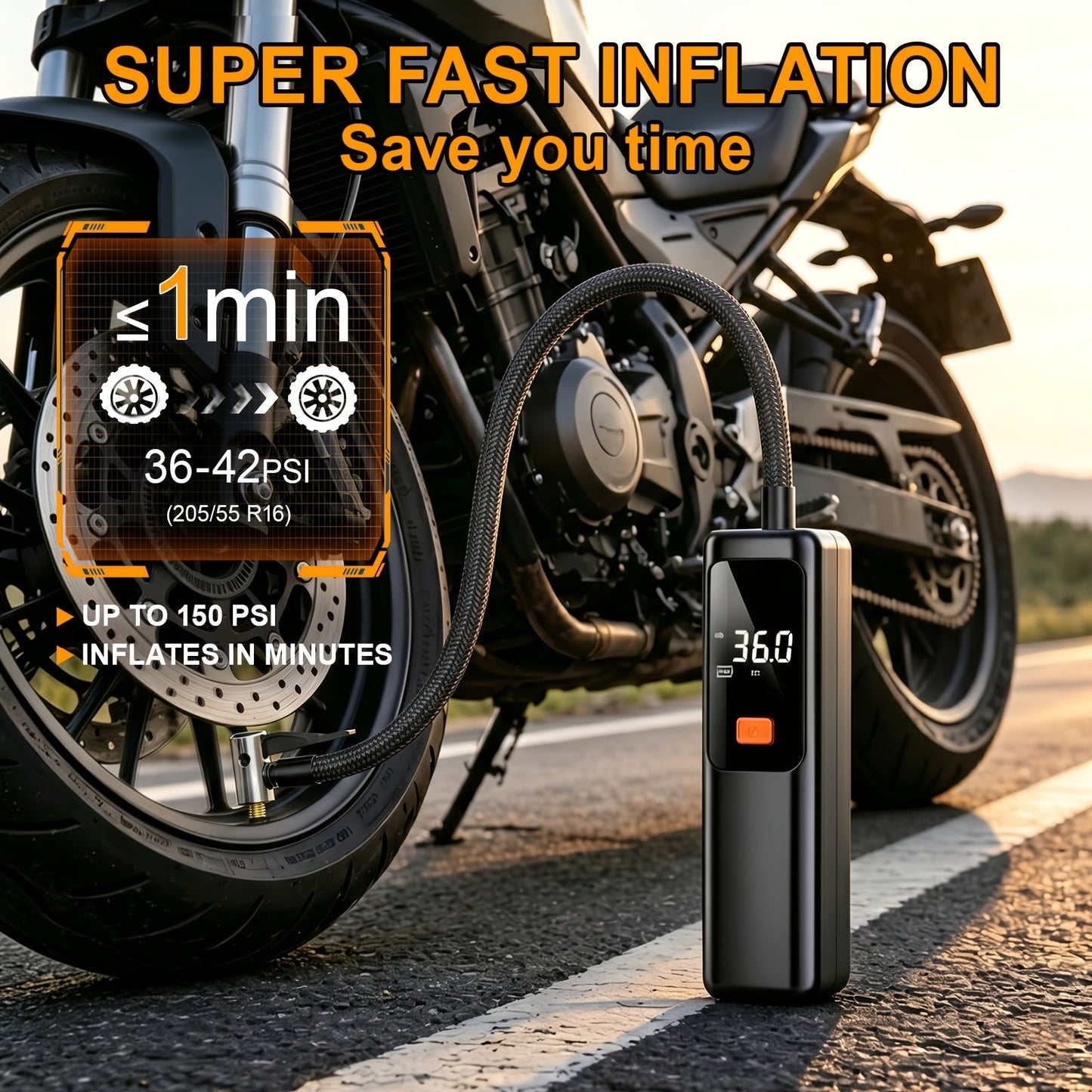 150 PSI Cordless Tire Inflator with Digital Pressure Display, Preset Controls, LED Light and Nozzle Set