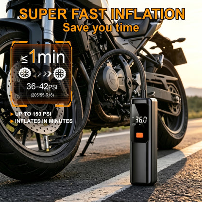 150 PSI Cordless Tire Inflator with Digital Pressure Display, Preset Controls, LED Light and Nozzle Set