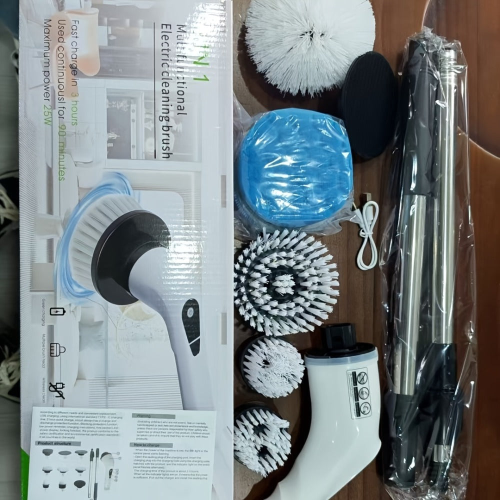 Electric Spin Scrubber with 9 Interchangeable Brush Heads 5 Speed Settings & 3 Extendable for Home Cooking, Dining and Outdoor Meals