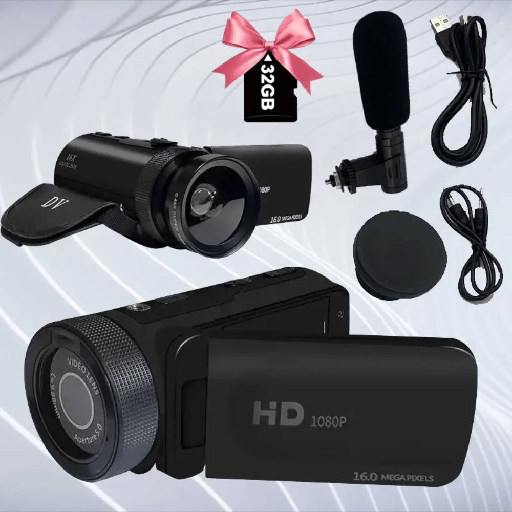 1080P Digital Camera with 2.7" Rotatable Screen 16x Zoom Built-in Mic & Fill Light, 16MP CMOS, 32GB Card