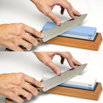 Knife Sharpening Stone 1000/4000 Grit Whetstone Set with Bamboo Base and Angle Guide for Home Cooking, Dining and Outdoor Meals