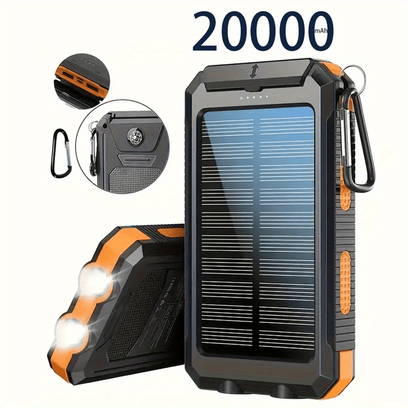 Solar Power Bank 20000mAh Outdoor Portable Charger with LED Flashlight SOS Compass & Carabiner Hook