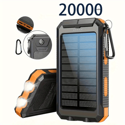 Solar Power Bank 20000mAh Outdoor Portable Charger with LED Flashlight SOS Compass & Carabiner Hook