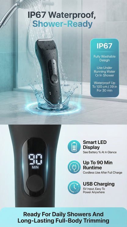 Waterproof Beard Trimmer 5-in-1 Body Grooming Kit for Men IP67 USB Rechargeable Electric Razor with Ceramic Blades LED Display