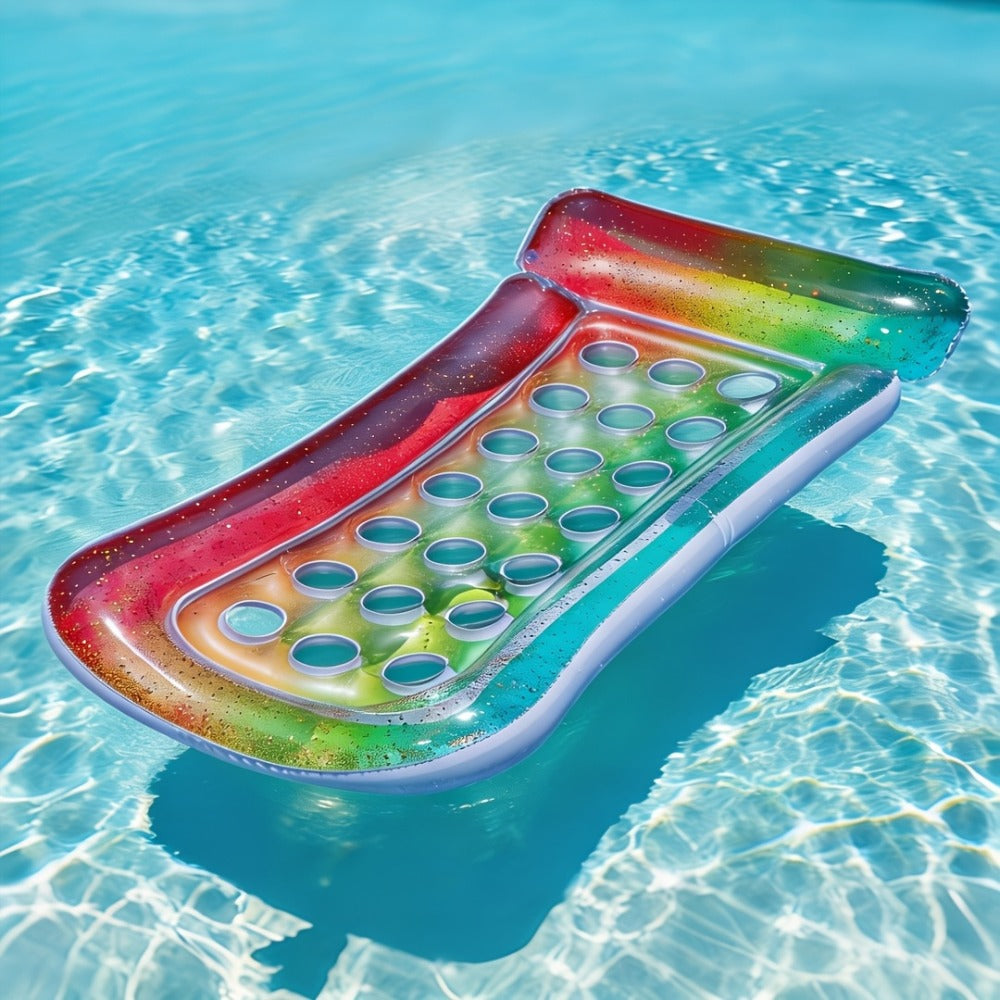 Rectangular Inflatable Pool Bed with Raised Pillow, Round Vent Holes and Rainbow or Mermaid Designs