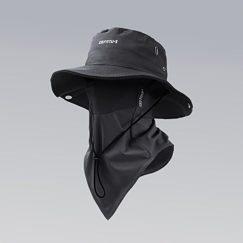 Wide Brim Sun Hat with Face Mask 2-Set UV Protection Foldable Fishing Hat, Breathable Drawstring Outdoor Cap for Beach, Fishing