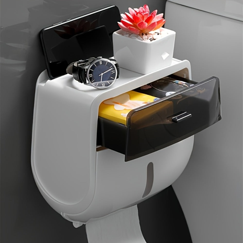 Wall-Mounted Covered Toilet Paper Holder with Top Drawer, Storage Shelf and 8.26 x 5.51 x 8.46-Inch Size