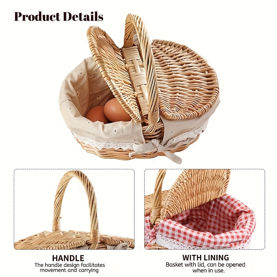 Covered Wicker Picnic Hamper with Twin Lid Panels in Red Plaid or Daisy Pattern Textile Styles