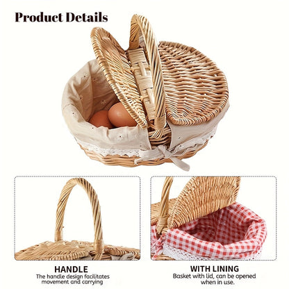 Covered Wicker Picnic Hamper with Twin Lid Panels in Red Plaid or Daisy Pattern Textile Styles