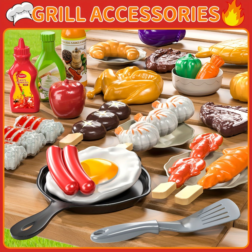 Kids BBQ Grill Playset Two-Tier with Toy Food Meats Fruits Spices & Working Water Tap for Grilling, Camping and Outdoor Meals