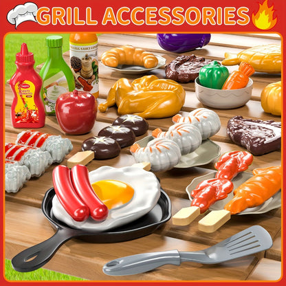 Kids BBQ Grill Playset Two-Tier with Toy Food Meats Fruits Spices & Working Water Tap for Grilling, Camping and Outdoor Meals
