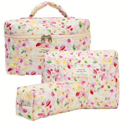 Quilted Makeup Bag Set 3 Pcs Floral Pattern Large Capacity Travel Cosmetic Organizer with Gold Zipper – Polyester Skincare Toiletry Pouch