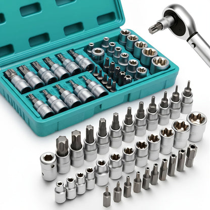 Torx Star Bit Socket Set 34/46-Piece – 3/8" Drive CR-V E-Socket E4-E20, T10-T60, Tamper-Proof TT10-TT55, S2 Steel, 5/16"F to 3/8"M Adapter