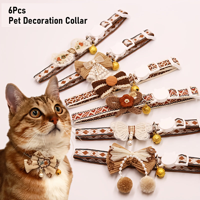 Cat Collar Set 6 Pack Decorative with Bow Lace Bells & Hanging Beads, Safety Breakaway Buckle Anti-Choke Cat Necklace Collar