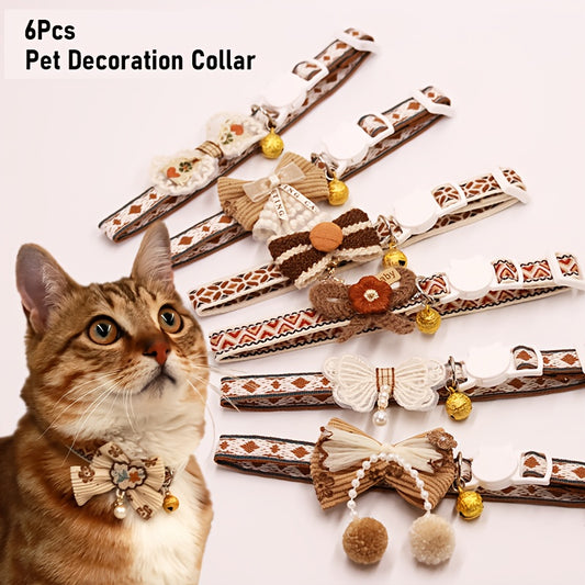 Cat Collar Set 6 Pack Decorative with Bow Lace Bells & Hanging Beads, Safety Breakaway Buckle Anti-Choke Cat Necklace Collar