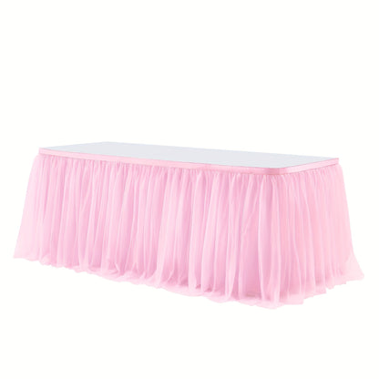 Six-Foot Gathered Tulle Table Skirt with Ten Solid or Multicolor Options for Parties and Events